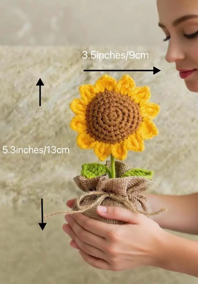 Alt view image 3 of 7 - Crochet Sunflowers Potted Bouquet for Women Office Desk Decor | Handmade Knitted Sun Flores Birthday Gifts for Women/Mom/Grandparent, Valentines, Christmas,Positive Boho Crocheted Flower
