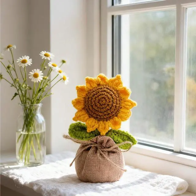 Main image of Crochet Sunflowers Potted Bouquet for Women Office Desk Decor | Handmade Knitted Sun Flores Birthday Gifts for Women/Mom/Grandparent, Valentines, Christmas,Positive Boho Crocheted Flower