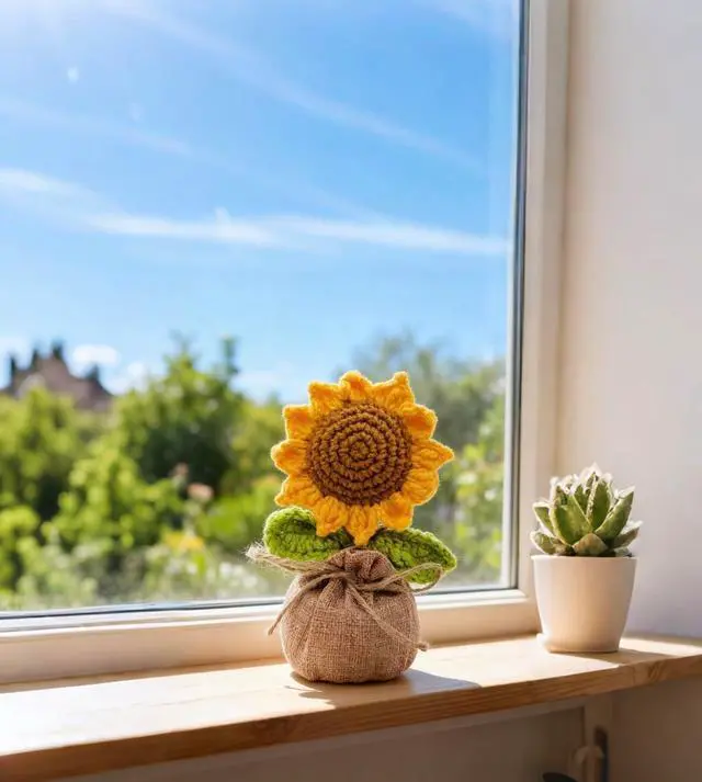 Alt view image 2 of 7 - Crochet Sunflowers Potted Bouquet for Women Office Desk Decor | Handmade Knitted Sun Flores Birthday Gifts for Women/Mom/Grandparent, Valentines, Christmas,Positive Boho Crocheted Flower