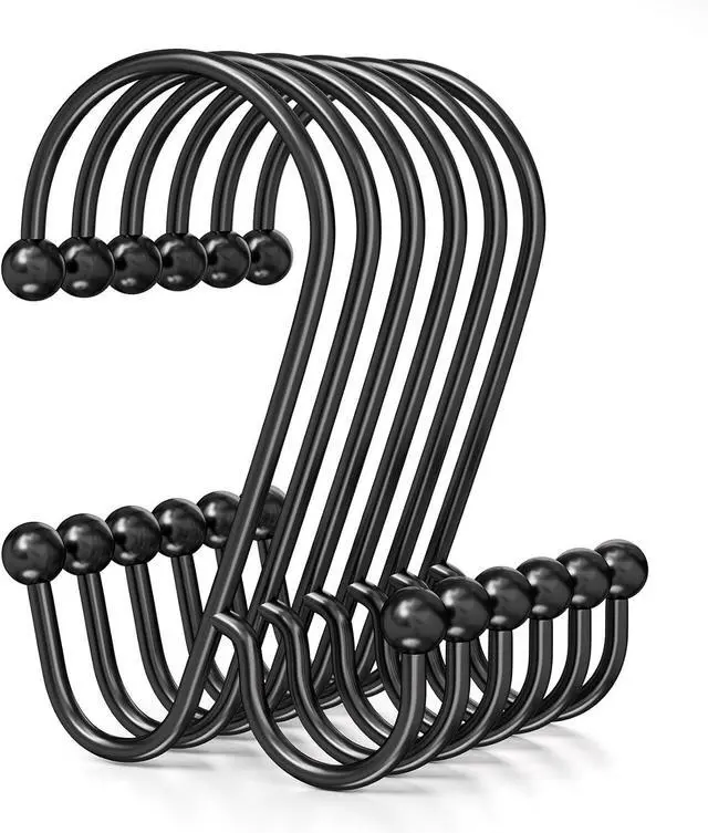 Main image of Bathway Shower Curtain Hooks Rings Black, Double Shower Hooks for Curtain and Liner, Rustproof Smooth Glide Metal Shower Curtain Rings 12 Pack, Easy Install Anti-Drop Bathroom Hooks for Shower Rod