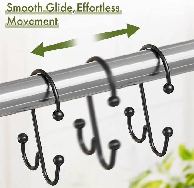 Alt view image 2 of 7 - Bathway Shower Curtain Hooks Rings Black, Double Shower Hooks for Curtain and Liner, Rustproof Smooth Glide Metal Shower Curtain Rings 12 Pack, Easy Install Anti-Drop Bathroom Hooks for Shower Rod