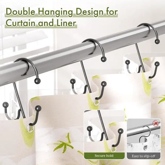 Alt view image 3 of 7 - Bathway Shower Curtain Hooks Rings Black, Double Shower Hooks for Curtain and Liner, Rustproof Smooth Glide Metal Shower Curtain Rings 12 Pack, Easy Install Anti-Drop Bathroom Hooks for Shower Rod