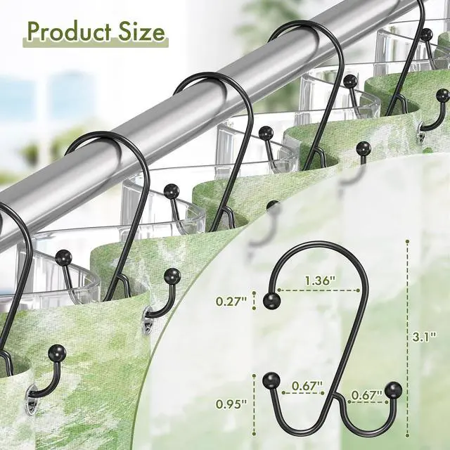 Alt view image 6 of 7 - Bathway Shower Curtain Hooks Rings Black, Double Shower Hooks for Curtain and Liner, Rustproof Smooth Glide Metal Shower Curtain Rings 12 Pack, Easy Install Anti-Drop Bathroom Hooks for Shower Rod