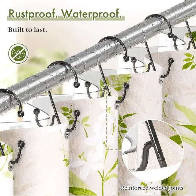 Alt view image 4 of 7 - Bathway Shower Curtain Hooks Rings Black, Double Shower Hooks for Curtain and Liner, Rustproof Smooth Glide Metal Shower Curtain Rings 12 Pack, Easy Install Anti-Drop Bathroom Hooks for Shower Rod