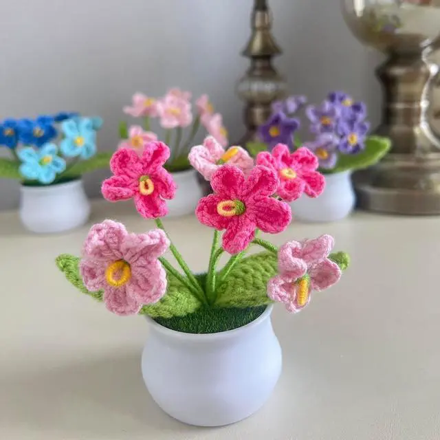 Alt view image 3 of 7 - Crochet Forget-Me-Not Potted Plants Handmade Artificial Flowers | for Friends, Family and Lover, Artificial Handmade Flowers for Valentines Birthday Wedding Gift and Home Decor