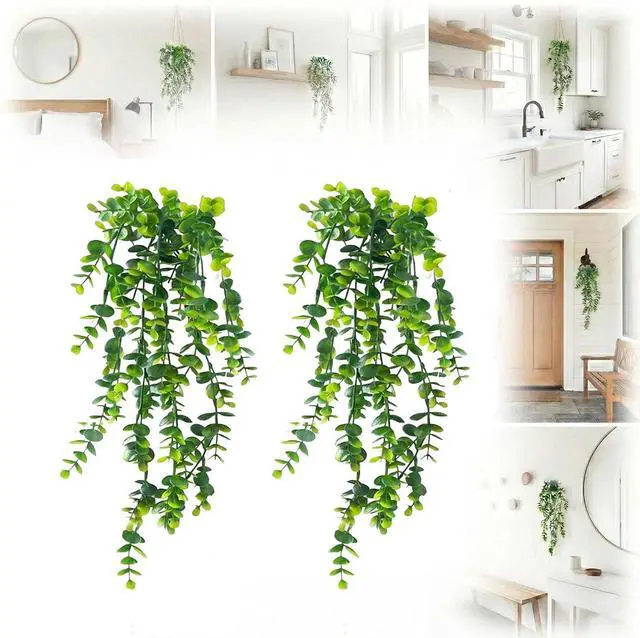 Main image of 2 Pack Fake Hanging Plants, Artificial Potted Plants for Indoor Outdoor Decor - Realistic Faux Eucalyptus Vines in Pots for Boho Bathroom, Bedroom, Shelf, Porch Wall Decor, UV Resistant Greenery