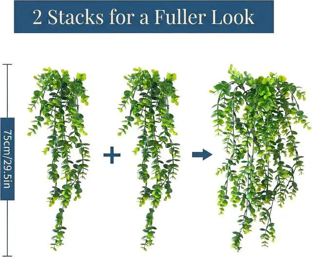 Alt view image 3 of 7 - 2 Pack Fake Hanging Plants, Artificial Potted Plants for Indoor Outdoor Decor - Realistic Faux Eucalyptus Vines in Pots for Boho Bathroom, Bedroom, Shelf, Porch Wall Decor, UV Resistant Greenery