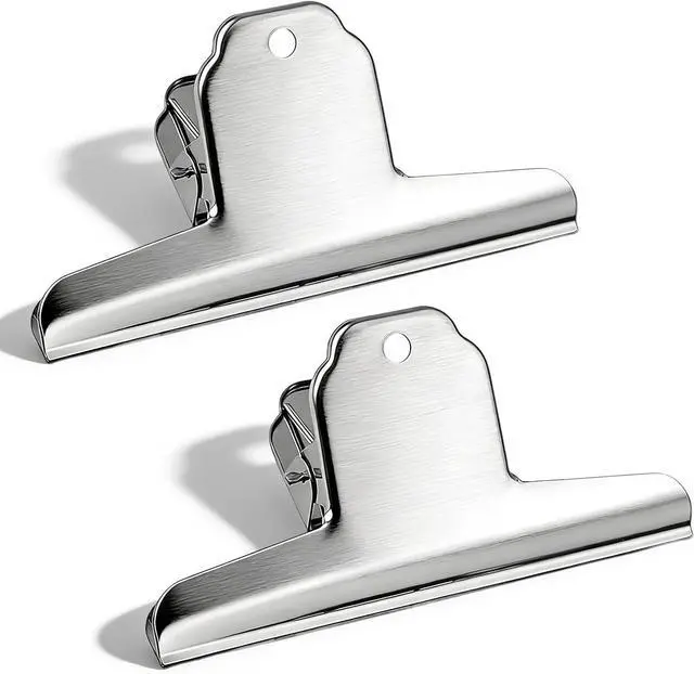 Main image of 2 Pack Extra Large Bull Clips - 6.3 Inch Wide Stainless Steel Dog Food Bag Clips, Strong Clamping Force Bags Clipes, Durabledd Large Hinge Clip for Office, School, Kitchen, and Home Use