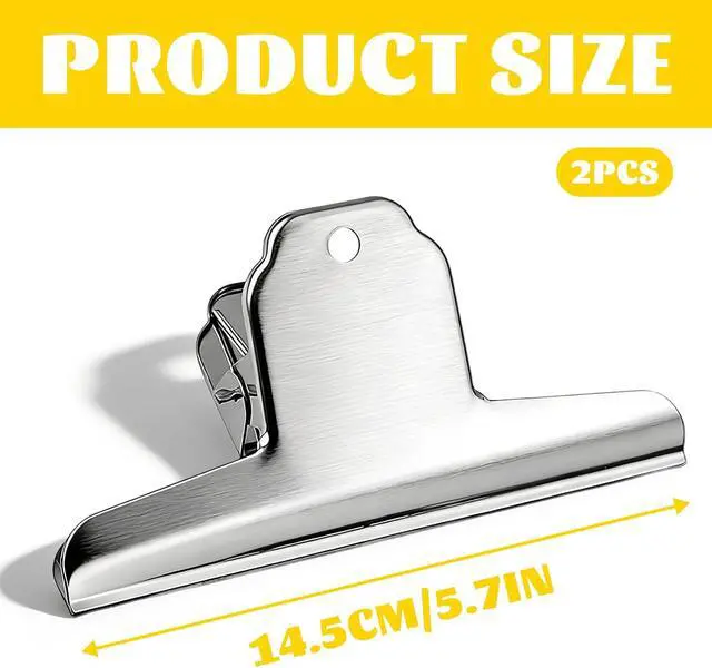 Alt view image 2 of 6 - 2 Pack Extra Large Bull Clips - 6.3 Inch Wide Stainless Steel Dog Food Bag Clips, Strong Clamping Force Bags Clipes, Durabledd Large Hinge Clip for Office, School, Kitchen, and Home Use