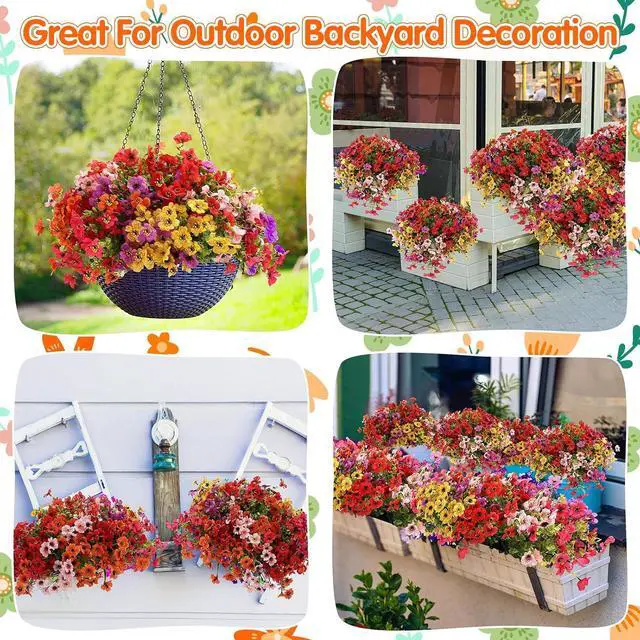 Alt view image 4 of 7 - 24 Colorful Bundles Artificial Fake Plants Flowers for Outdoor | Realistic Plastic Silk Spring Summer Flowers, Daisy and Petunia Hanging Planters for Garden Porch Window Box Yard