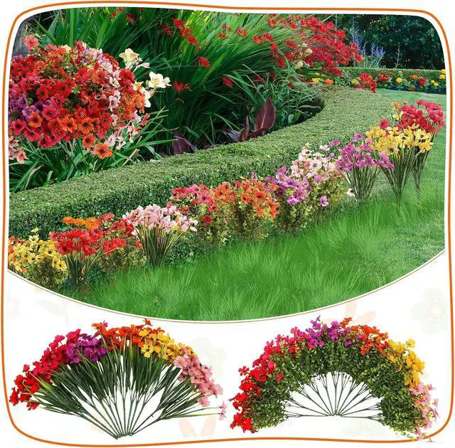 Alt view image 6 of 7 - 24 Colorful Bundles Artificial Fake Plants Flowers for Outdoor | Realistic Plastic Silk Spring Summer Flowers, Daisy and Petunia Hanging Planters for Garden Porch Window Box Yard