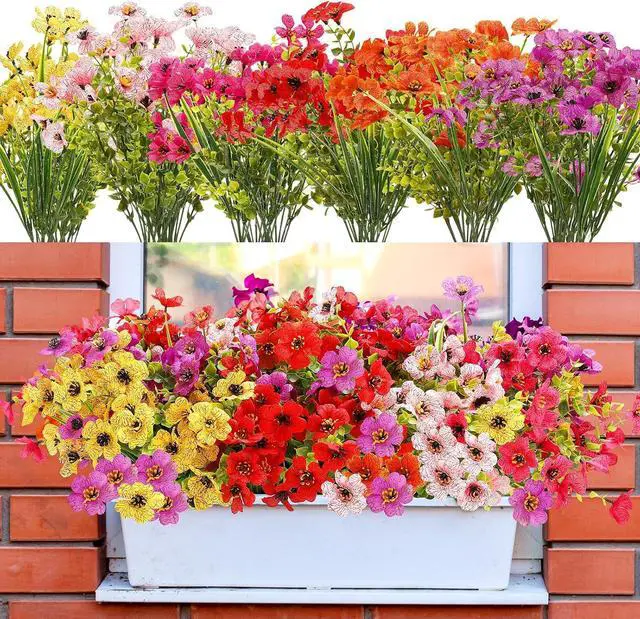 Alt view image 7 of 7 - 24 Colorful Bundles Artificial Fake Plants Flowers for Outdoor | Realistic Plastic Silk Spring Summer Flowers, Daisy and Petunia Hanging Planters for Garden Porch Window Box Yard