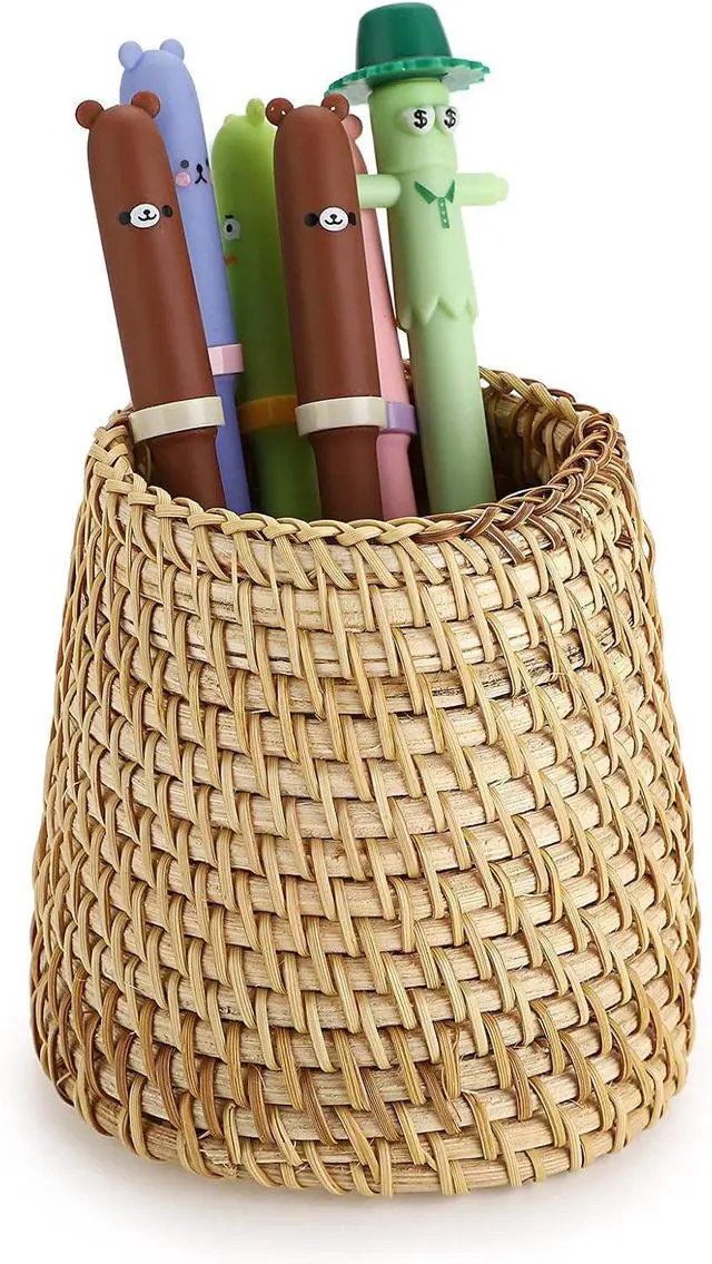 Main image of BTSKY Rattan Pen Cup, Handmade Desk Pencil Holders Makeup Brush Holder Multi-Functional Woven Basket Office&Home Desktop Organizer(Cone)