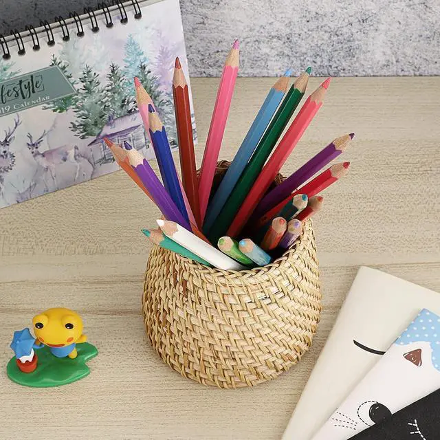 Alt view image 2 of 7 - BTSKY Rattan Pen Cup, Handmade Desk Pencil Holders Makeup Brush Holder Multi-Functional Woven Basket Office&Home Desktop Organizer(Cone)