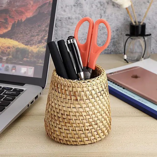 Alt view image 7 of 7 - BTSKY Rattan Pen Cup, Handmade Desk Pencil Holders Makeup Brush Holder Multi-Functional Woven Basket Office&Home Desktop Organizer(Cone)