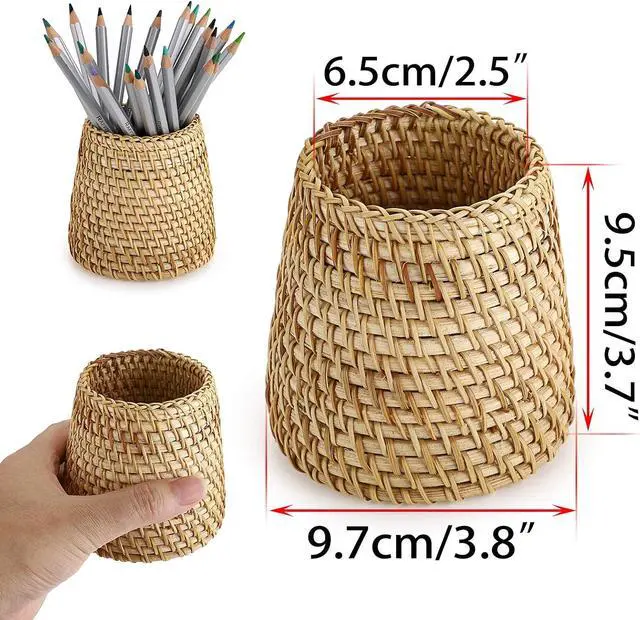 Alt view image 4 of 7 - BTSKY Rattan Pen Cup, Handmade Desk Pencil Holders Makeup Brush Holder Multi-Functional Woven Basket Office&Home Desktop Organizer(Cone)