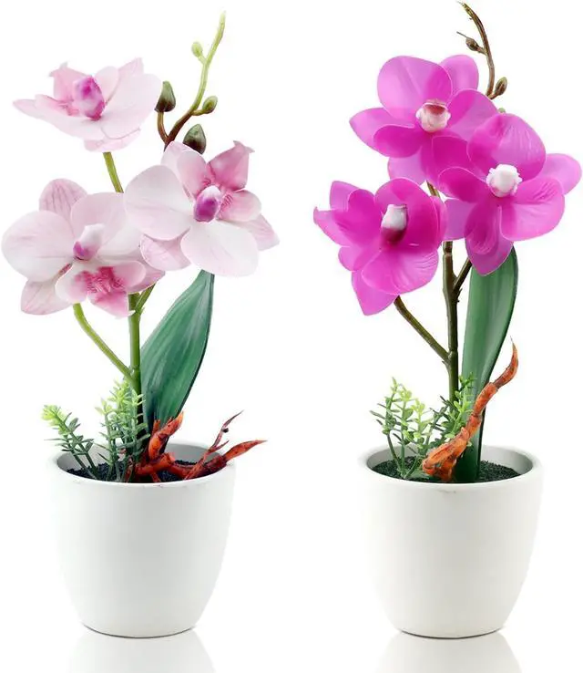 Main image of 2Pcs Artificial Flowers Orchid Fake Phalaenopsis Small Potted Plant Ceramic Vase for Table Centerpiece Home Office Bathroom Wedding Decor(Purple & Pink)