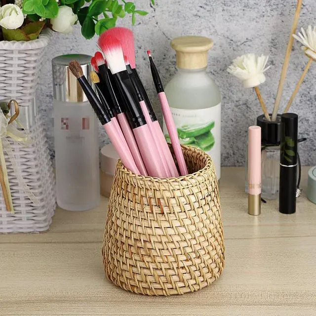 Alt view image 6 of 7 - BTSKY Rattan Pen Cup, Handmade Desk Pencil Holders Makeup Brush Holder Multi-Functional Woven Basket Office&Home Desktop Organizer(Cone)