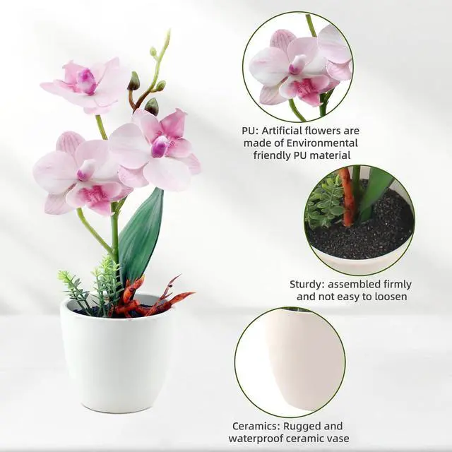 Alt view image 3 of 7 - 2Pcs Artificial Flowers Orchid Fake Phalaenopsis Small Potted Plant Ceramic Vase for Table Centerpiece Home Office Bathroom Wedding Decor(Purple & Pink)