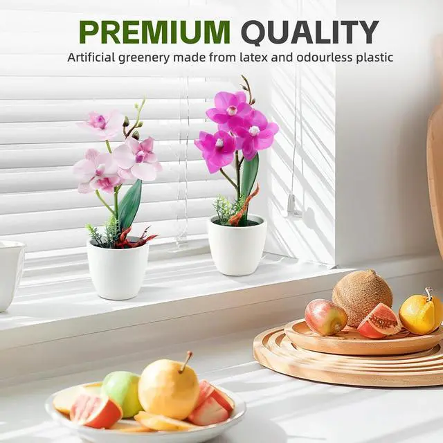Alt view image 4 of 7 - 2Pcs Artificial Flowers Orchid Fake Phalaenopsis Small Potted Plant Ceramic Vase for Table Centerpiece Home Office Bathroom Wedding Decor(Purple & Pink)