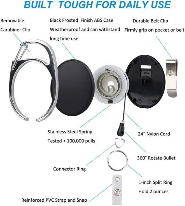 Alt view image 3 of 3 - 2 Packs Heave Duty Retractable Badge Reels with Carabiner Belt Clip and Key Ring, Badge Holders for ID Card Holders with 26.5 Inch Pull Cord (Black)