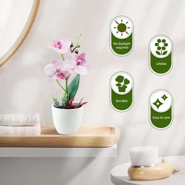 Alt view image 7 of 7 - 2Pcs Artificial Flowers Orchid Fake Phalaenopsis Small Potted Plant Ceramic Vase for Table Centerpiece Home Office Bathroom Wedding Decor(Purple & Pink)