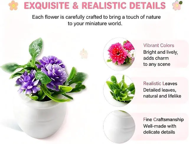 Alt view image 4 of 7 - 5Pcs Miniature Dollhouse Flowers, Colorful Faux Potted Plants Tiny Fairy Garden Artificial Fairy Garden for Doll House Decoration