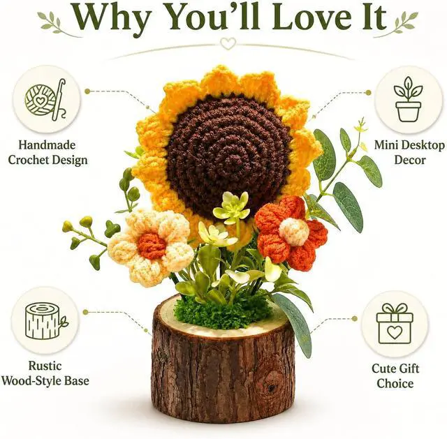 Alt view image 3 of 7 - Handmade Crochet Knitted Sunflower Bouquet Creative Knitted Potted Plant Mini Cute Home Desktop Decorations and Gifts for Friends, Lovers, Classmate,Mother's Day