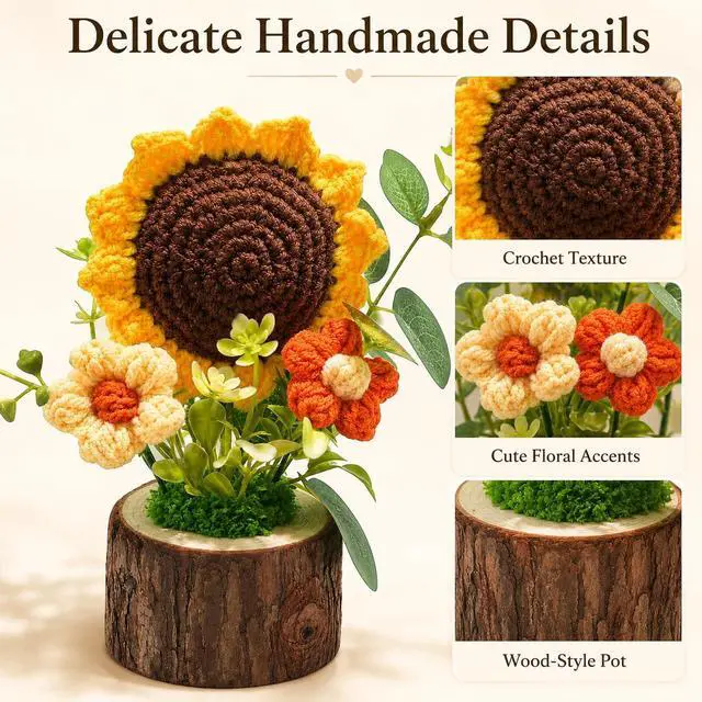 Alt view image 4 of 7 - Handmade Crochet Knitted Sunflower Bouquet Creative Knitted Potted Plant Mini Cute Home Desktop Decorations and Gifts for Friends, Lovers, Classmate,Mother's Day