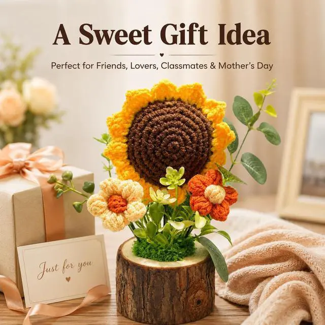 Alt view image 5 of 7 - Handmade Crochet Knitted Sunflower Bouquet Creative Knitted Potted Plant Mini Cute Home Desktop Decorations and Gifts for Friends, Lovers, Classmate,Mother's Day