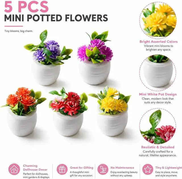 Alt view image 2 of 7 - 5Pcs Miniature Dollhouse Flowers, Artificial Potted Plants, Fairy Garden Decor for Home, Office, Wedding Centerpiece Decoration