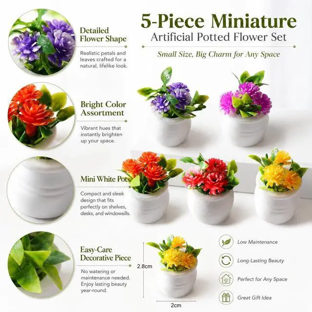 Alt view image 3 of 7 - 5Pcs Miniature Dollhouse Flowers, Artificial Potted Plants, Fairy Garden Decor for Home, Office, Wedding Centerpiece Decoration