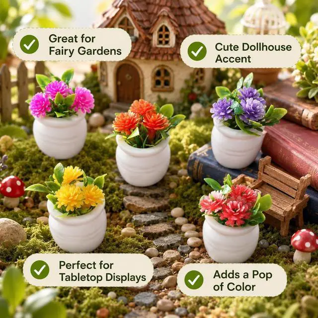 Alt view image 4 of 7 - 5Pcs Miniature Dollhouse Flowers, Artificial Potted Plants, Fairy Garden Decor for Home, Office, Wedding Centerpiece Decoration