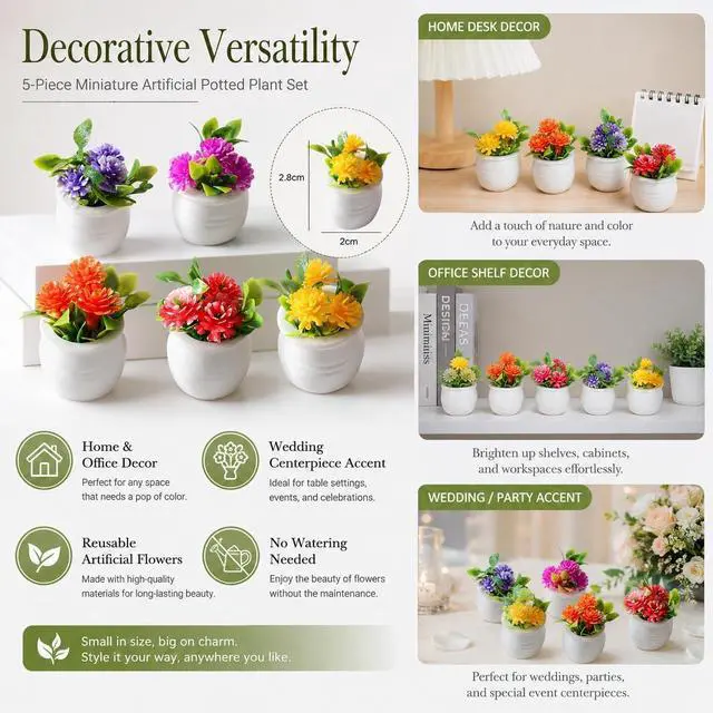 Alt view image 6 of 7 - 5Pcs Miniature Dollhouse Flowers, Artificial Potted Plants, Fairy Garden Decor for Home, Office, Wedding Centerpiece Decoration