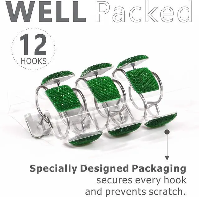 Alt view image 6 of 7 - Green Bling Shower Curtain Hooks: Christmas Bathroom Curtain Rings, 12Pcs | Glam Sparkly Crystal Diamond Shower Hooks, Cute Square Rhinestone Rustproof Hangers, Gift for Xmas Holiday Bathroom Decor