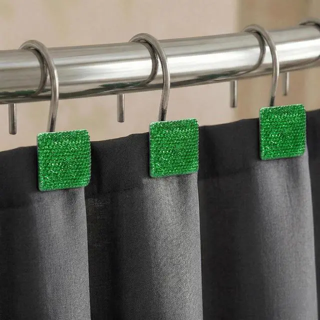 Main image of Green Bling Shower Curtain Hooks: Christmas Bathroom Curtain Rings, 12Pcs | Glam Sparkly Crystal Diamond Shower Hooks, Cute Square Rhinestone Rustproof Hangers, Gift for Xmas Holiday Bathroom Decor