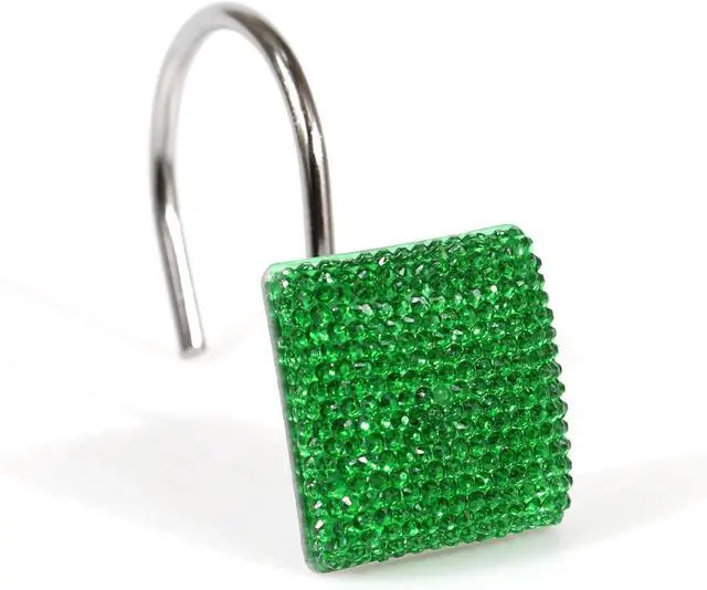 Alt view image 2 of 7 - Green Bling Shower Curtain Hooks: Christmas Bathroom Curtain Rings, 12Pcs | Glam Sparkly Crystal Diamond Shower Hooks, Cute Square Rhinestone Rustproof Hangers, Gift for Xmas Holiday Bathroom Decor