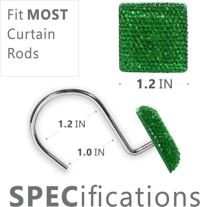 Alt view image 5 of 7 - Green Bling Shower Curtain Hooks: Christmas Bathroom Curtain Rings, 12Pcs | Glam Sparkly Crystal Diamond Shower Hooks, Cute Square Rhinestone Rustproof Hangers, Gift for Xmas Holiday Bathroom Decor