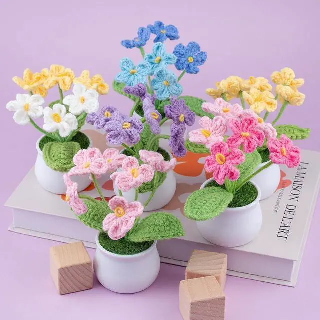 Alt view image 4 of 5 - Blync Knitting Crochet Forget Me Not Fake Flowers Potted Plants | for Friends, Family and Lover, Artificial Handmade Flowers for Valentines Birthday Wedding Gift and Home Decor