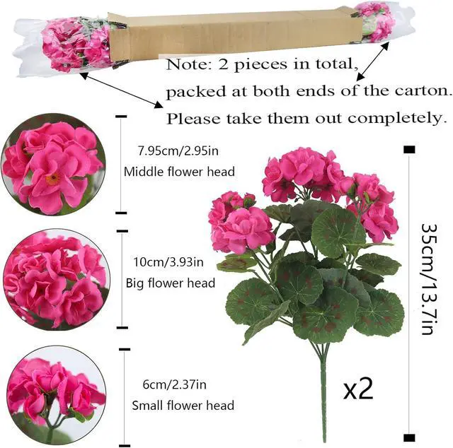 Alt view image 2 of 7 - CISDUEO 2 Pcs Artificial Geraniums Outdoors Silk Flowers Outside Hot Pink | Faux Flowers Geraniums for Outdoor Planter Floral Home Decor Indoor Garden Patio Grave Cemetary Vase Table Centerpiece