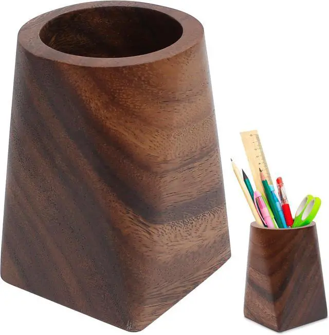 Main image of Wooden Pencil Holder, Walnut Wood Pen Cup, Desk Accessories, 4 Inch Organizer Caddy Stand, Vintage Rustic Box for Desktop, Men Supplies, Makeup Brushes, Stationery, Offices Decoration