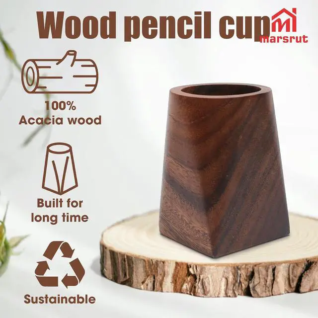 Alt view image 3 of 7 - Wooden Pencil Holder, Walnut Wood Pen Cup, Desk Accessories, 4 Inch Organizer Caddy Stand, Vintage Rustic Box for Desktop, Men Supplies, Makeup Brushes, Stationery, Offices Decoration