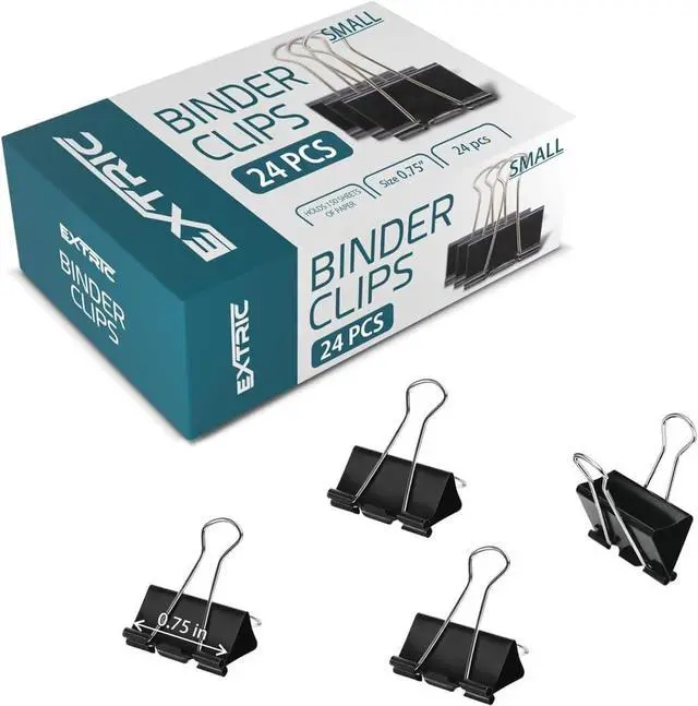 Main image of Binder Clips - 24 Small Binder Clips, 0.75 Inch Black Paper Clamps, File Clip for Home, Office and School Supplies