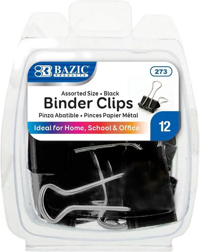 Main image of BAZIC Products Assorted Size Binder Clips, Black, 12 Ct | clamp paper stacks tight and hold without staples or folds
