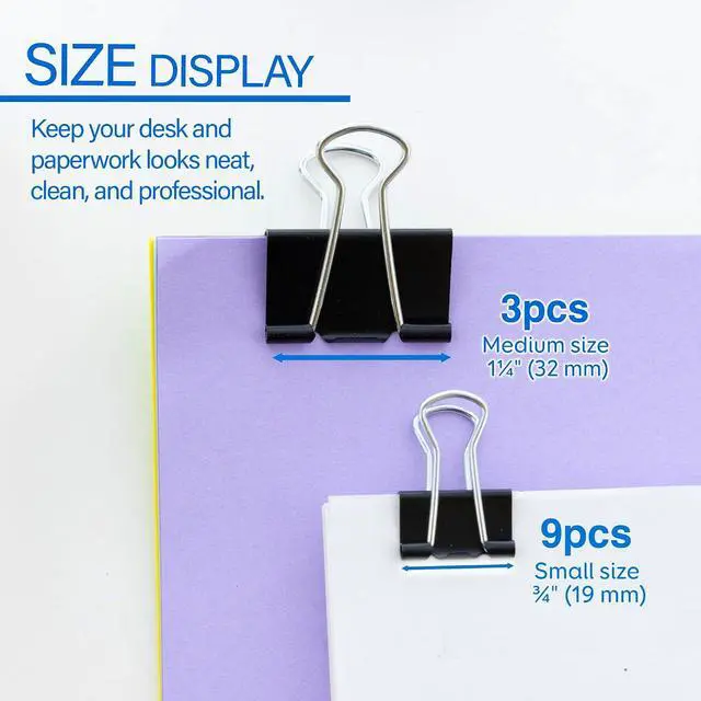 Alt view image 2 of 7 - BAZIC Products Assorted Size Binder Clips, Black, 12 Ct | clamp paper stacks tight and hold without staples or folds