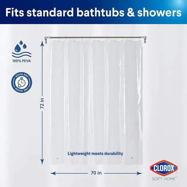 Alt view image 2 of 7 - Clorox Shower Curtain Liner, Premium Lightweight Flexible Waterproof 3g PEVA for Bathroom with Weighted Magnets, Standard Size 70" x 72", Clear 1 Pack