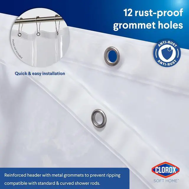 Alt view image 7 of 7 - Clorox Shower Curtain Liner, Premium Lightweight Flexible Waterproof 3g PEVA for Bathroom with Weighted Magnets, Standard Size 70" x 72", Clear 1 Pack