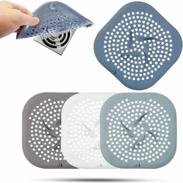 Main image of 5.9" Square Drain Cover with Suction Cups, Hair Catcher, 4 Pack | For Shower, Bathroom & Sink, Flat Design with Suction Cups, Helps Keep Drains Clear