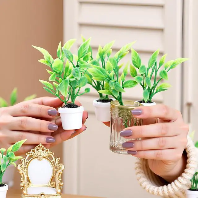 Alt view image 5 of 7 - 2Pcs Green Miniature Plants Dollhouse Decoration Accessories, Mini Potted Plant Artificial Tiny Greenery Ornament Miniature Hanging Potted Plant Faux Flower Model Decoration