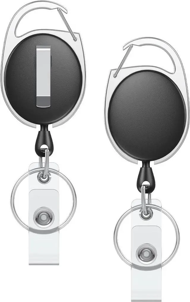Main image of Uniclife 2 Pcs Retractable Badge Reel Keychain Clip for Badge Holder Black | Heavy Duty, Strong ABS, Stainless Steel Spring Coil, 24 Inch Nylon Rope, Carabiner Clip, Key Ring, Retractable Key Chain
